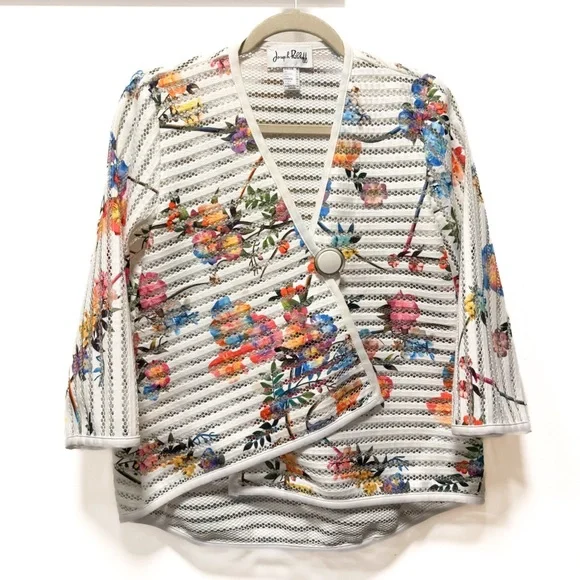 Joseph Ribkoff Asymmetrical Garden Floral Mesh Blazer | Size 8 - Picture 3 of 9